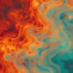Textura fluida marmol liquido vertical bandas onduladas naranja rojo intenso cian turquesa fondo oscuro profundo alto contraste movimiento organico volcanico contrastado abstracto