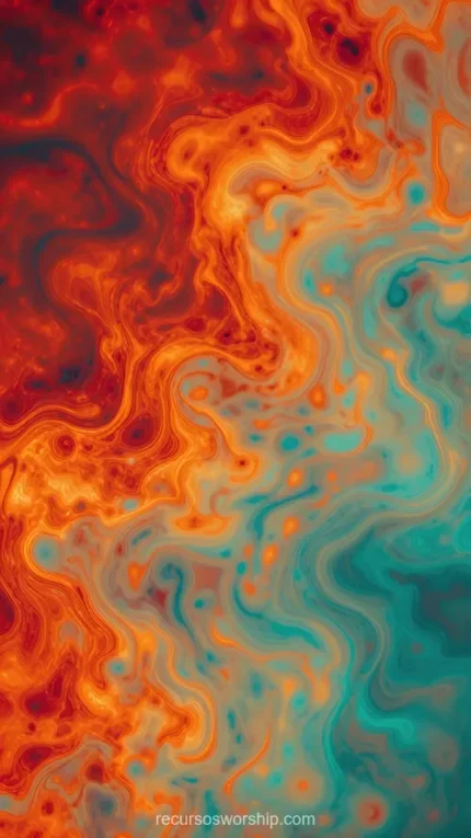 Textura fluida marmol liquido vertical bandas onduladas naranja rojo intenso cian turquesa fondo oscuro profundo alto contraste movimiento organico volcanico contrastado abstracto