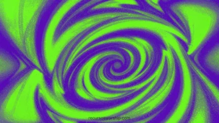 Espiral hipnotica cuadrada bandas fluidas verde lima brillante violeta purpura profundo movimiento rotacional centrifugo pop vibrante complementario alta energia visual