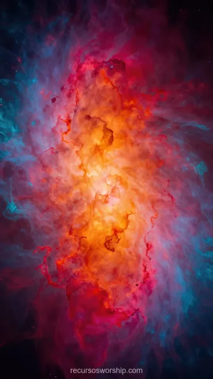 Composicion abstracta vertical nebulosa cosmica nucleo naranja dorado brillante capas rojo intenso azul gris oscuro bordes difuminados aura estelar vibrante misterio cosmico