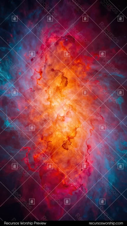 Composicion abstracta vertical nebulosa cosmica nucleo naranja dorado brillante capas rojo intenso azul gris oscuro bordes difuminados aura estelar vibrante misterio cosmico