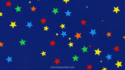 Patron festivo horizontal estrellas cinco puntas multicolores rojo amarillo verde azul naranja dispersas diferentes tamaños fondo azul marino oscuro pop festivo lúdico nocturno