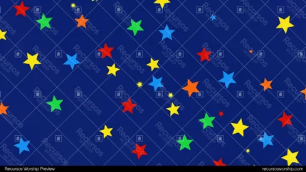 Patron festivo horizontal estrellas cinco puntas multicolores rojo amarillo verde azul naranja dispersas diferentes tamaños fondo azul marino oscuro pop festivo lúdico nocturno