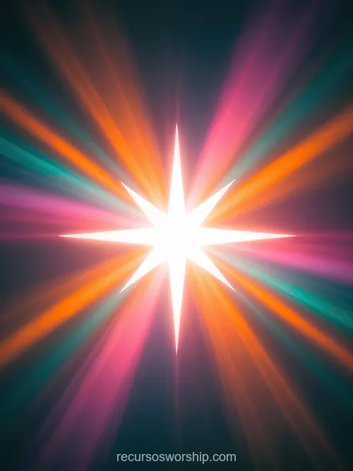 Destello Estelar Ocho Puntas Nucleo Blanco Brillante Rayos Espectrales Naranja Dorado Magenta Verde Cian Vertical Composicion abstracta vertical destello estelar ocho puntas nucleo blanco brillante rayos espectrales naranja dorado rosa magenta verde cian fondo oscuro azul gris gloria radiante espectral