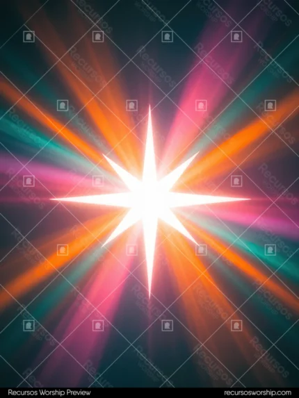 Composicion abstracta vertical destello estelar ocho puntas nucleo blanco brillante rayos espectrales naranja dorado rosa magenta verde cian fondo oscuro azul gris gloria radiante espectral