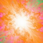 Composicion abstracta vertical explosion floral espectral nucleo blanco brillante rayos naranja verde menta rosa fondo naranja oscuro textura organica petalos luz floracion luminosa