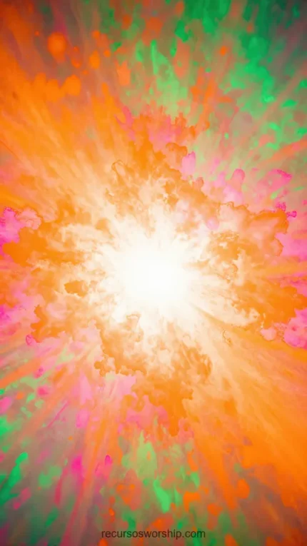 Composicion abstracta vertical explosion floral espectral nucleo blanco brillante rayos naranja verde menta rosa fondo naranja oscuro textura organica petalos luz floracion luminosa
