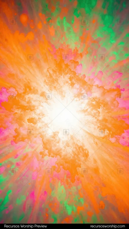 Composicion abstracta vertical explosion floral espectral nucleo blanco brillante rayos naranja verde menta rosa fondo naranja oscuro textura organica petalos luz floracion luminosa