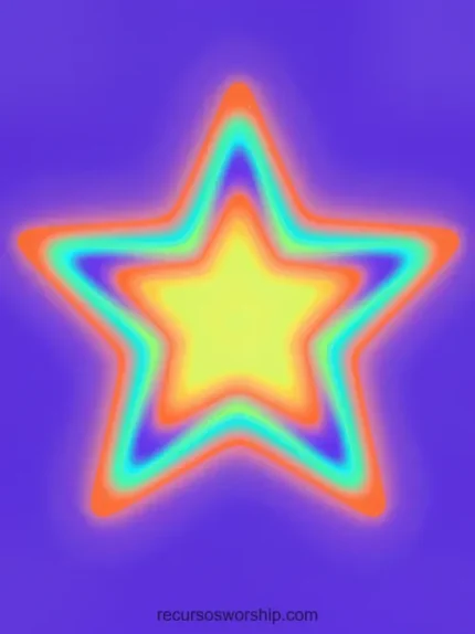 Composicion abstracta vertical estrella cinco puntas capas concentricas amarillo dorado cian turquesa naranja rojo fondo violeta purpura profundo halo luz suave neon festivo luminoso