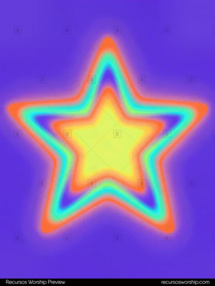 Composicion abstracta vertical estrella cinco puntas capas concentricas amarillo dorado cian turquesa naranja rojo fondo violeta purpura profundo halo luz suave neon festivo luminoso