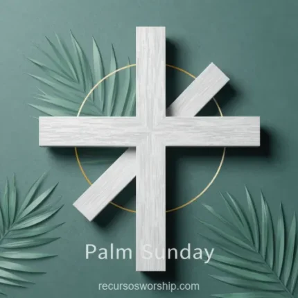 Ilustracion vectorial cruz blanca textura madera aro dorado hojas palma verde grisaceo texto Palm Sunday tipografia serif fondo verde azulado cuadrado moderno liturgico