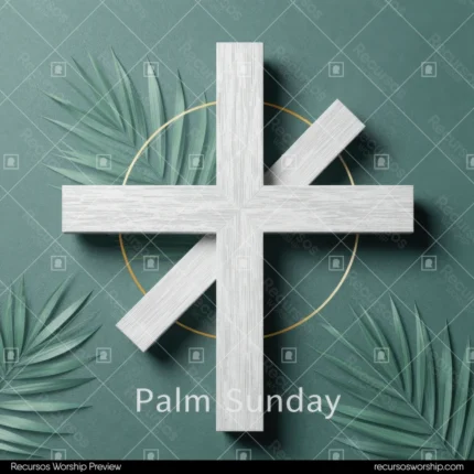 Ilustracion vectorial cruz blanca textura madera aro dorado hojas palma verde grisaceo texto Palm Sunday tipografia serif fondo verde azulado cuadrado moderno liturgico