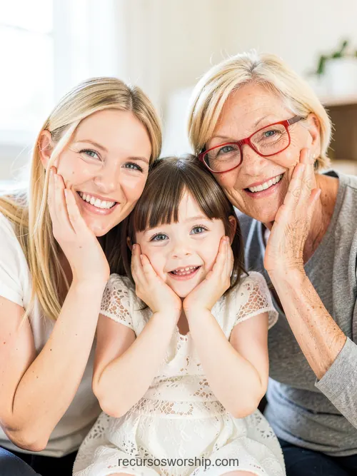 Tres Generaciones Abuela Madre e Hija Sonriendo en Estudio Luminoso Cálido Abuela rubia gafas rojas madre joven rubia y niña pequeña morena apoyando mejillas en manos sonrisas amplias estudio luminoso calido vertical grupal