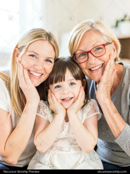 Abuela rubia gafas rojas madre joven rubia y niña pequeña morena apoyando mejillas en manos sonrisas amplias estudio luminoso calido vertical grupal