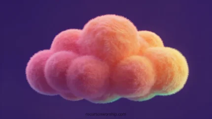 Ilustracion 3d whimsical horizontal nube esponjosa peluda degradado salmon naranja amarillo verde lima borde fondo violeta purpura suave ternura ludica infantil dulce