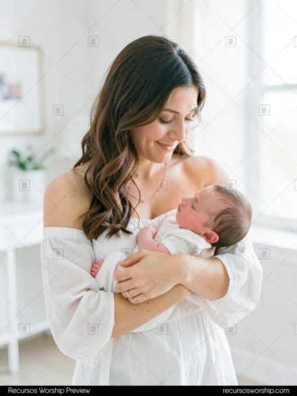 Madre joven morena cabello largo ondulado vestido blanco off-shoulder sosteniendo recien nacido mirándolo sonrisa tierna estudio luminoso fondo blanco vertical editorial