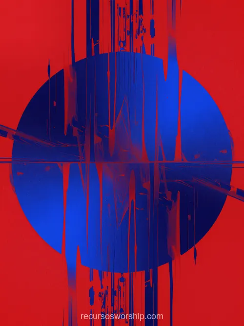 Composicion abstracta vertical circulo azul cobalto glitch digital lineas verticales distorsionadas sangrado rojo azul fondo rojo intenso error tecnologico dramatico alto contraste