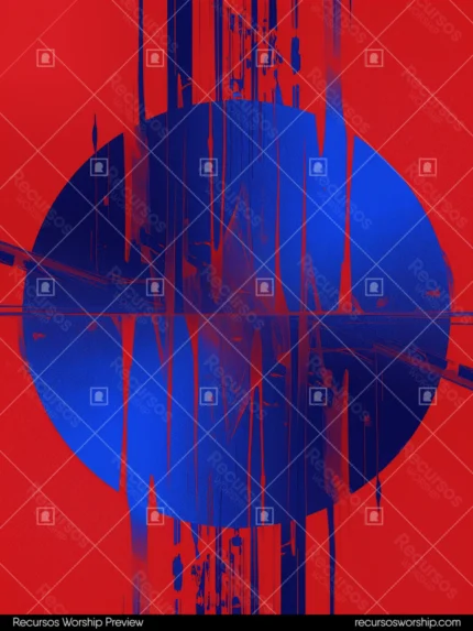 Composicion abstracta vertical circulo azul cobalto glitch digital lineas verticales distorsionadas sangrado rojo azul fondo rojo intenso error tecnologico dramatico alto contraste