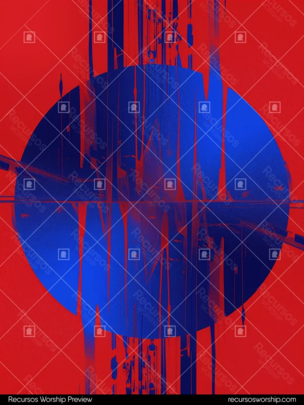 Composicion abstracta vertical circulo azul cobalto glitch digital lineas verticales distorsionadas sangrado rojo azul fondo rojo intenso error tecnologico dramatico alto contraste