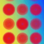 Fondo abstracto vertical degradado arcoiris pastel multicolor verde azul amarillo naranja rojo cuadricula circulos rojo naranja superpuestos grid halo difuso patron pop lúdico multicolor
