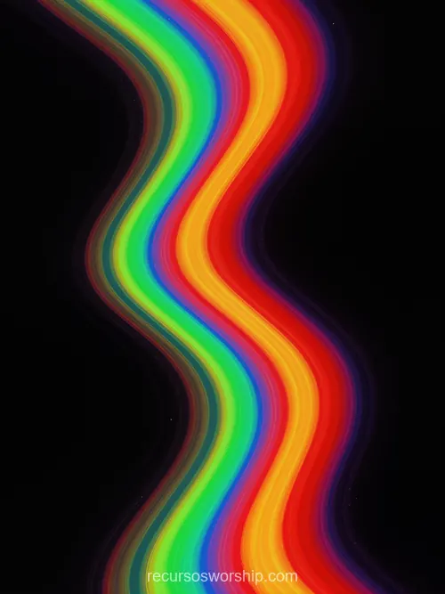 Composicion abstracta vertical banda arcoiris luminosa ondulada rojo naranja amarillo verde azul serpentea forma s fondo negro profundo neon alta saturacion espectro luminoso fluido