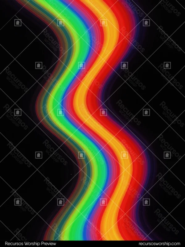 Composicion abstracta vertical banda arcoiris luminosa ondulada rojo naranja amarillo verde azul serpentea forma s fondo negro profundo neon alta saturacion espectro luminoso fluido