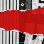 Composicion mixed media horizontal tira papel rasgado rojo fondo collage urbano blanco negro tipografia elementos graficos superpuestos textura editorial contrastado grunge urbano
