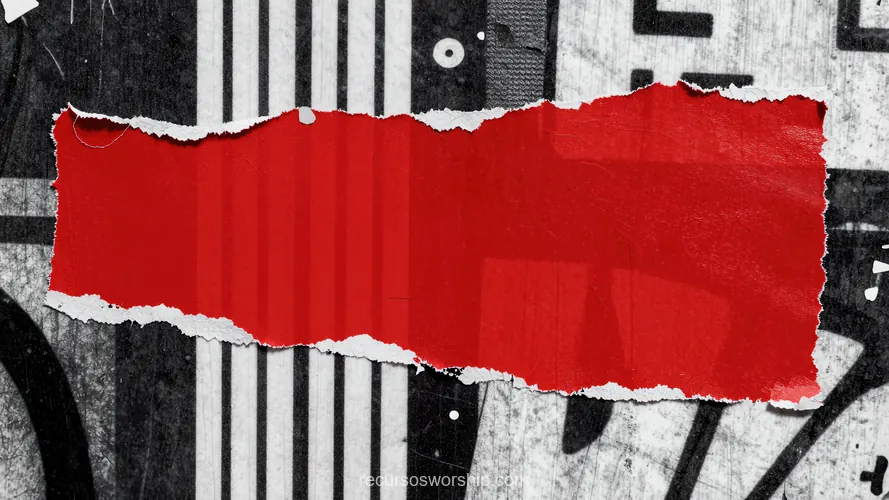 Composicion mixed media horizontal tira papel rasgado rojo fondo collage urbano blanco negro tipografia elementos graficos superpuestos textura editorial contrastado grunge urbano