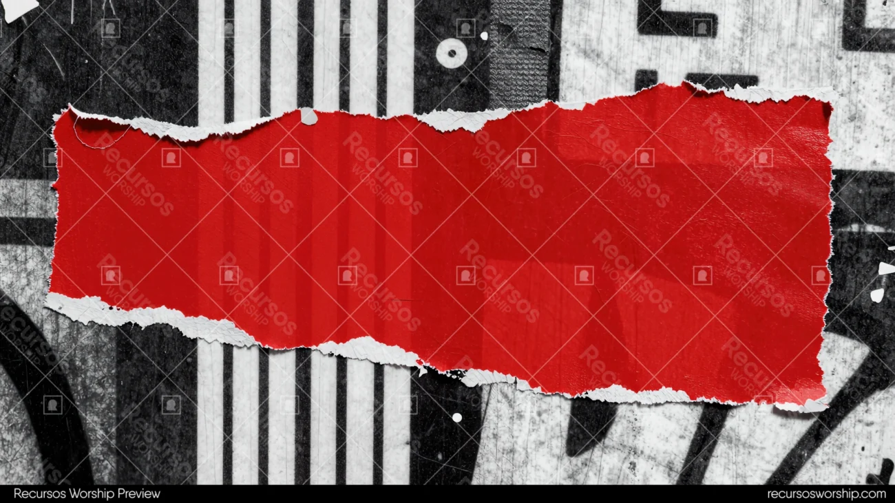 Composicion mixed media horizontal tira papel rasgado rojo fondo collage urbano blanco negro tipografia elementos graficos superpuestos textura editorial contrastado grunge urbano