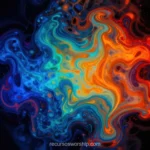 Composicion abstracta horizontal textura fluido mapa calor nucleo naranja rojo intenso capas azul negro fondo oscuro espiral cosmica energía termica radiante contraste fuego frio