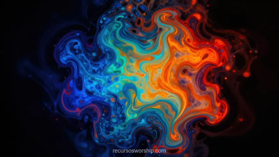 Composicion abstracta horizontal textura fluido mapa calor nucleo naranja rojo intenso capas azul negro fondo oscuro espiral cosmica energía termica radiante contraste fuego frio
