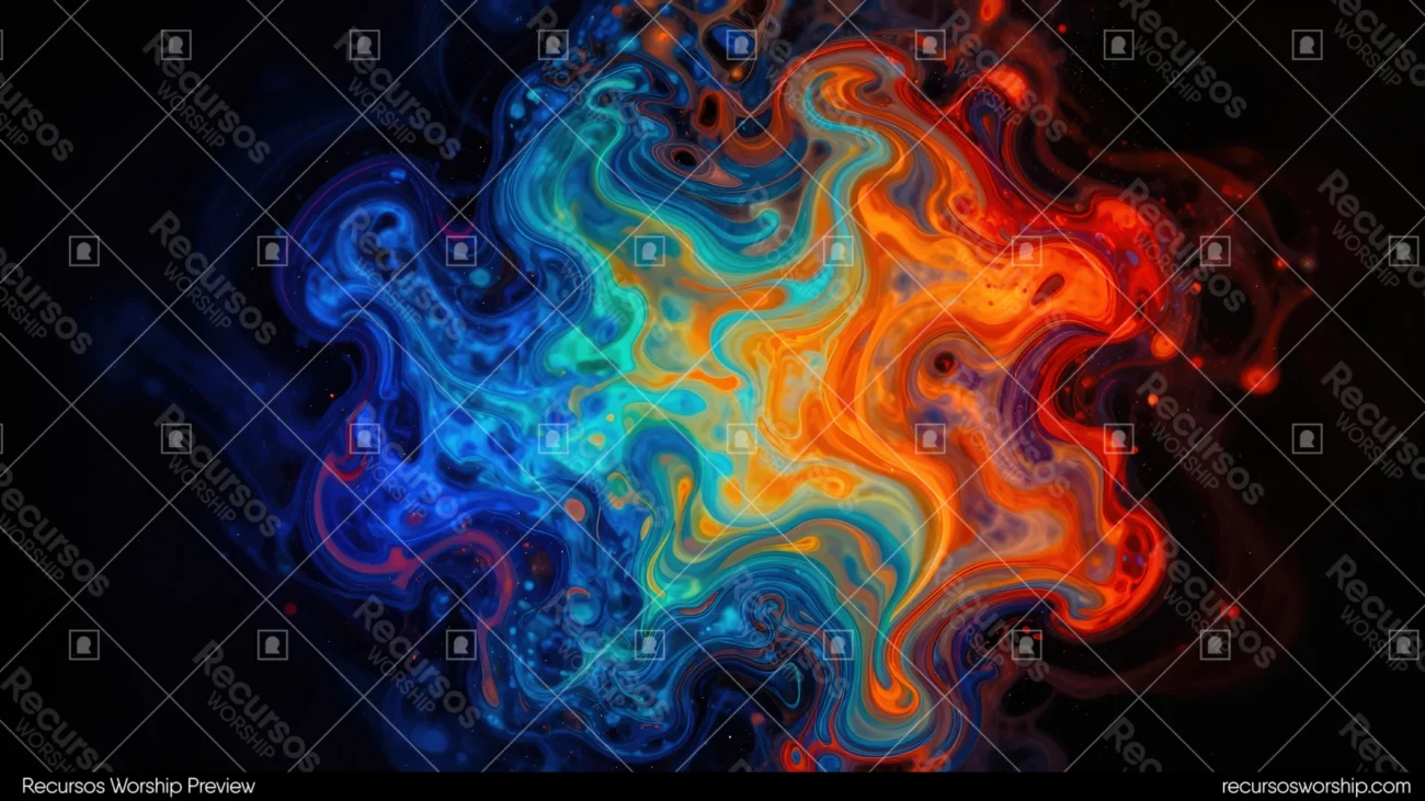 Composicion abstracta horizontal textura fluido mapa calor nucleo naranja rojo intenso capas azul negro fondo oscuro espiral cosmica energía termica radiante contraste fuego frio