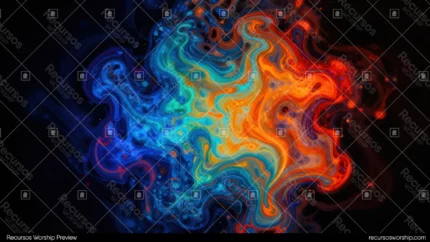 Composicion abstracta horizontal textura fluido mapa calor nucleo naranja rojo intenso capas azul negro fondo oscuro espiral cosmica energía termica radiante contraste fuego frio