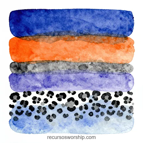 Composicion acuarela cuadrada franjas horizontales azul cobalto naranja violeta gris blanco manchas leopardo negro bordes irregulares pincel patron artistico mixto original