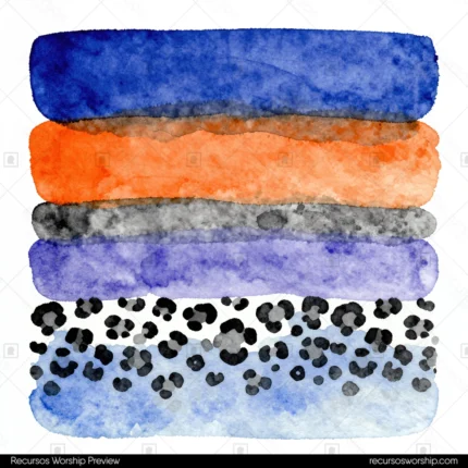 Composicion acuarela cuadrada franjas horizontales azul cobalto naranja violeta gris blanco manchas leopardo negro bordes irregulares pincel patron artistico mixto original
