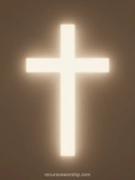 Cruz luminosa blanca con efecto de resplandor suave y bordes difuminados de luz sobre fondo oscuro marron calido uniforme vertical centrada abstracta