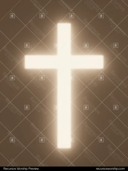 Cruz luminosa blanca con efecto de resplandor suave y bordes difuminados de luz sobre fondo oscuro marron calido uniforme vertical centrada abstracta