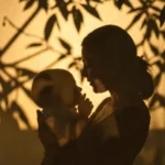 Silueta artistica madre sosteniendo bebe cara a cara fondo ambar dorado intenso sombras organicas hojas pared vertical contraluz poetico atmosferico