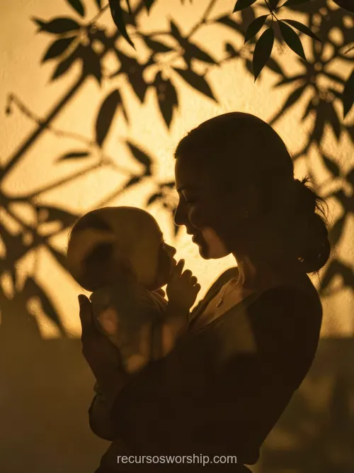 Silueta Artística Madre Sosteniendo Bebé Fondo Ámbar Dorado con Sombras de Hojas Silueta artistica madre sosteniendo bebe cara a cara fondo ambar dorado intenso sombras organicas hojas pared vertical contraluz poetico atmosferico