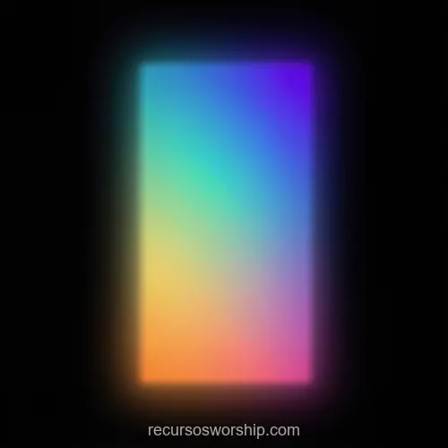 Composicion abstracta cuadrada ventana luz espectral rectangular arcoiris cian violeta naranja amarillo fondo negro profundo borde luminoso difuso portal etereo atmosferico