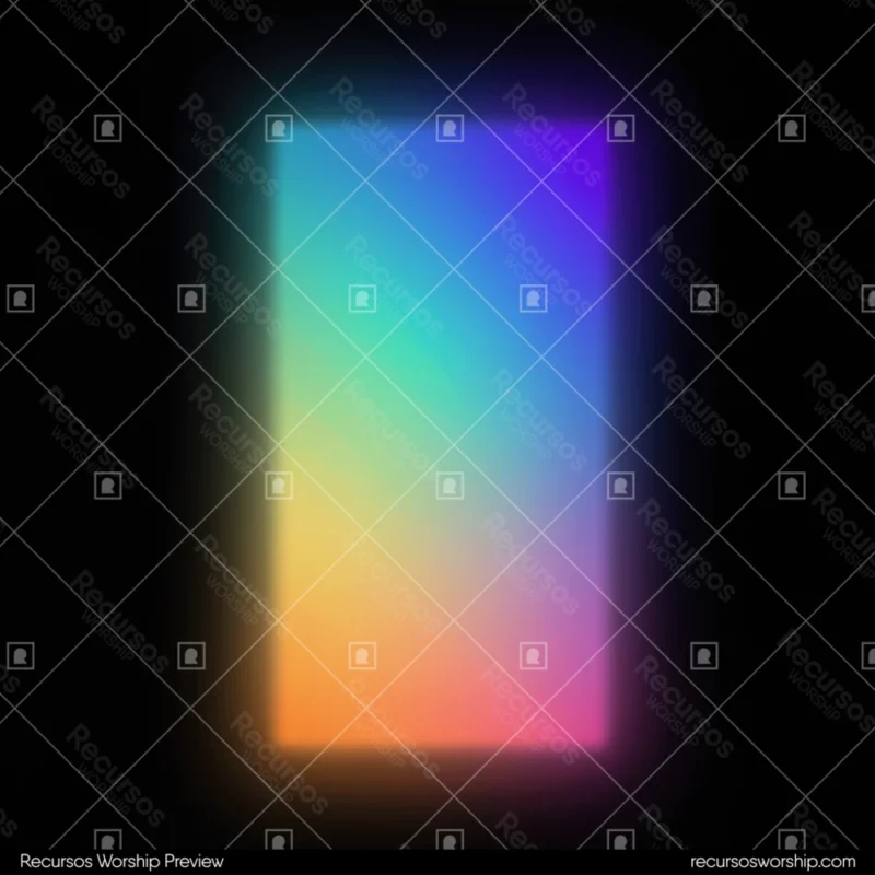 Composicion abstracta cuadrada ventana luz espectral rectangular arcoiris cian violeta naranja amarillo fondo negro profundo borde luminoso difuso portal etereo atmosferico