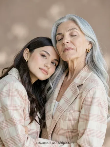 Madre joven morena mejilla apoyada hombro madre mayor cabello plateado largo blazers cuadros rosa crema ojos cerrados fondo beige arena sombras hojas vertical elegante