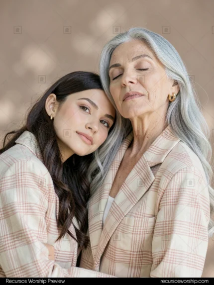 Madre joven morena mejilla apoyada hombro madre mayor cabello plateado largo blazers cuadros rosa crema ojos cerrados fondo beige arena sombras hojas vertical elegante