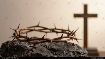 Corona de espinas de ramas oscuras con espinas pronunciadas sobre roca rugosa oscura con cruz de madera rustica desenfocada al fondo beige horizontal contemplacion