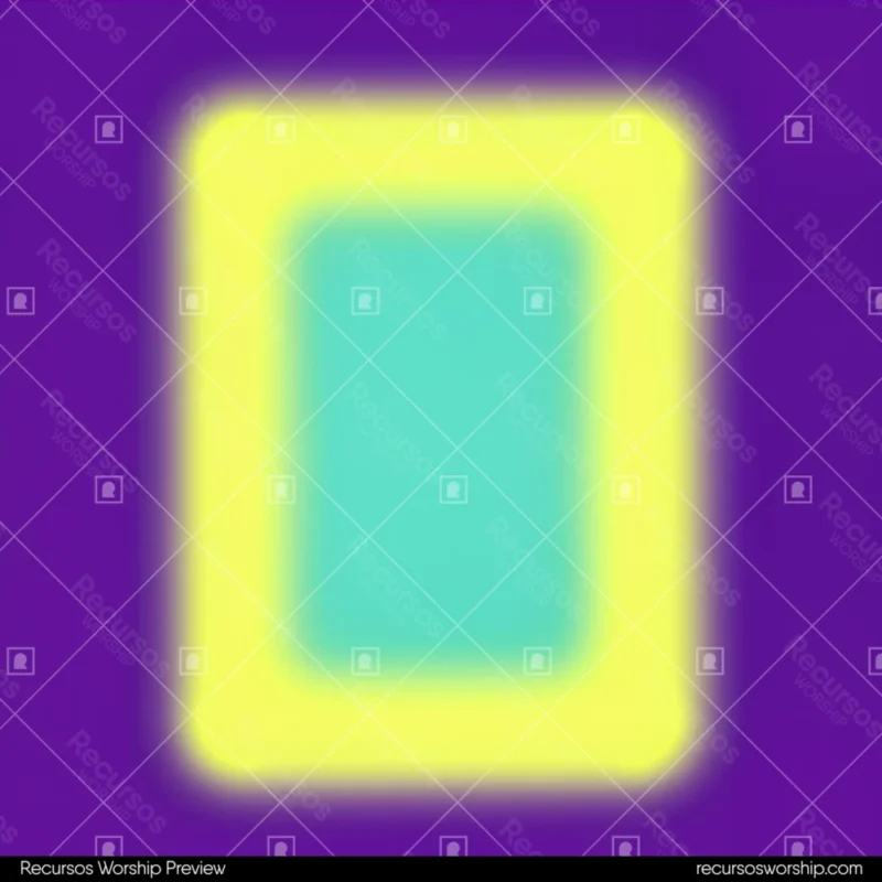 Composicion abstracta cuadrada minimalista rectangulo cian turquesa difuso halo amarillo brillante fondo violeta purpura profundo bordes difuminados marco luminoso contemplativo etereo