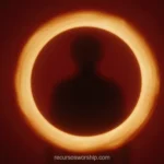 Fotografia horizontal silueta oscura persona anillo luz solar naranja dorado brillante fondo rojo amarronado oscuro eclipse solar corona fuego dramatico espiritual tension luz sombra