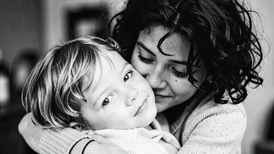 Retrato B&N Íntimo Madre de Cabello Rizado Abrazando Hijo Rubio Pequeño Retrato blanco negro madre cabello rizado abrazando hijo rubio pequeño primer plano intimo interior fondo difuso expresion ternura profunda horizontal
