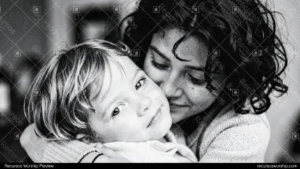 Retrato blanco negro madre cabello rizado abrazando hijo rubio pequeño primer plano intimo interior fondo difuso expresion ternura profunda horizontal