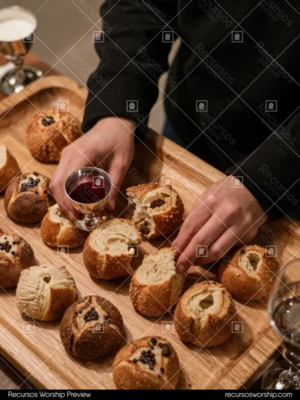 Persona sueter negro sirviendo bandeja madera panecillos artesanales redondos abiertos pasa oscura copa vidrio vino tinto mesa madera oscura vertical detalle comunitario calido santa cena artesanal servicio