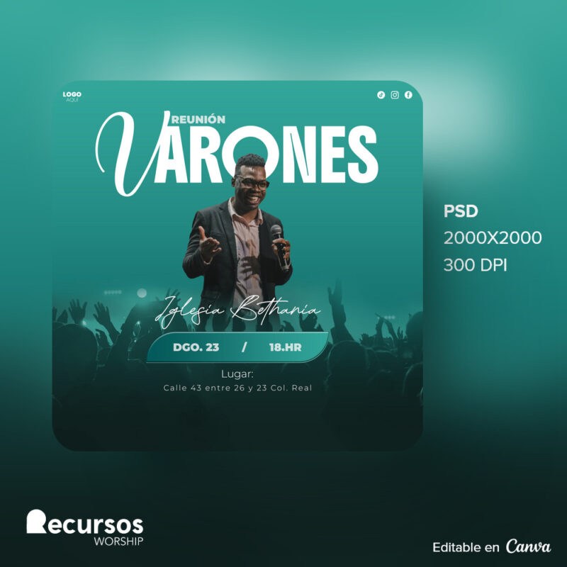 Plantilla editable de Póster para evento de hombres en iglesias cristianas con fondo verde azulado.